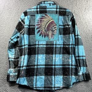 ANGRY MINNOW FLANNEL SHIRT MENS XL BLUE HEADDRESS NATIVE AMERICAN BUTTON BRUSHED